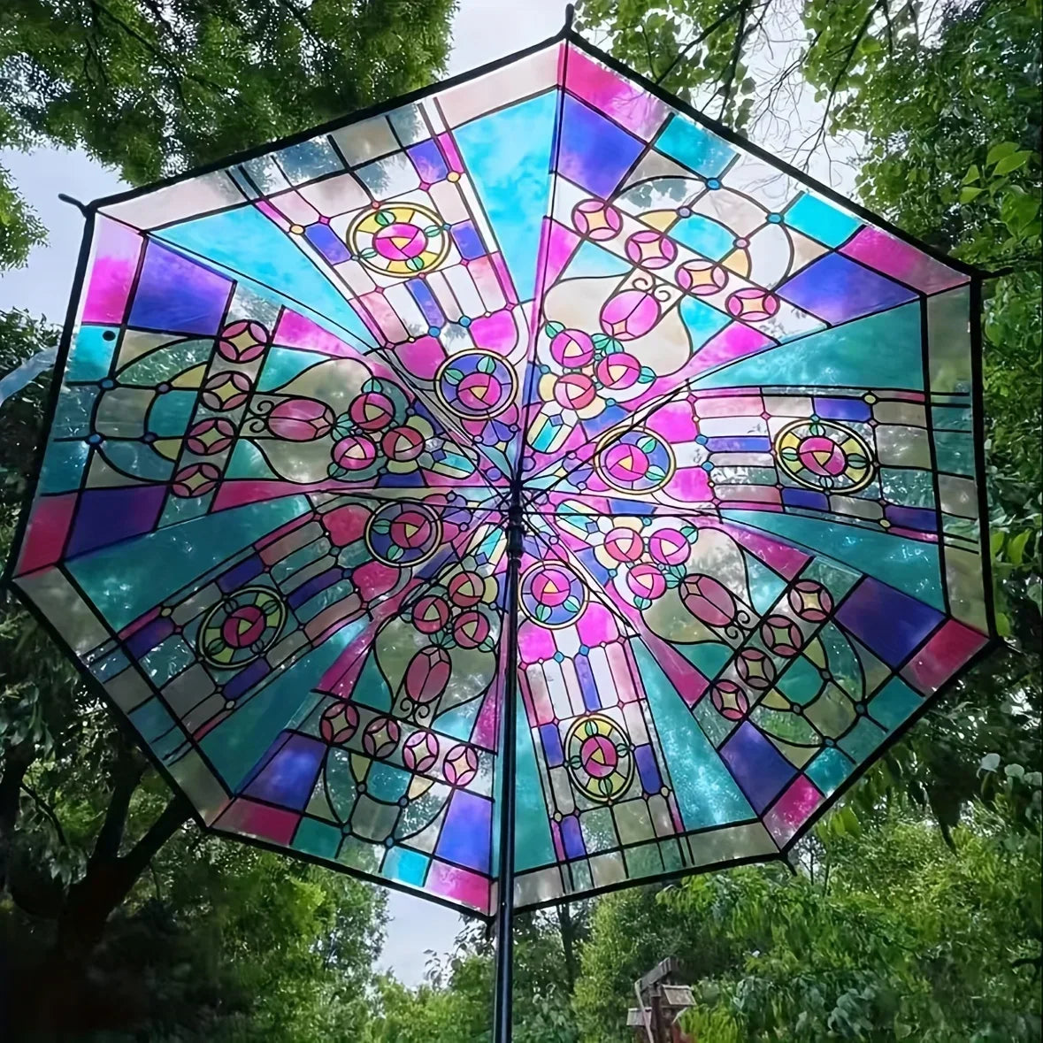 British Wind Rainforest Arch Transparent Umbrella Stained Glass Transparent Umbrella Long Handle Automatic Large Romantic Sunny