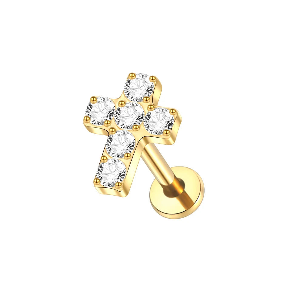 1pcs Titanium Piercing Cross Flower Stud Earring Internally Threaded Cubic Zircon Tragus Helix Piercing Body Jewelry