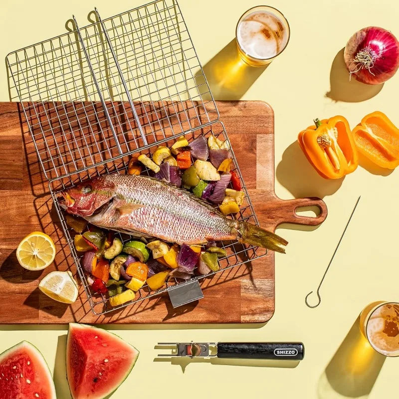 Portable Stainless Steel Folding Grill Basket BBQ Grill Basket With Handle for Fish Vegetables Shrimp Cook Accessories Outdoor
