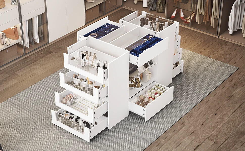 Closet Island with Drawers, Wardrobe Armoire Bedroom Island, Glass Display Shelf & 12 Drawers, White Dresser with Glass Top