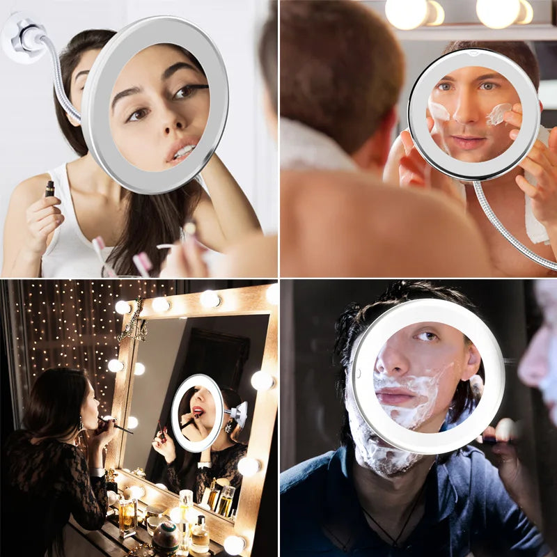Flexible Gooseneck Makeup Mirror with LED Light 10X Magnifying Mirror Suction Cup Bright Diffused Light and 360 Degree Swivel