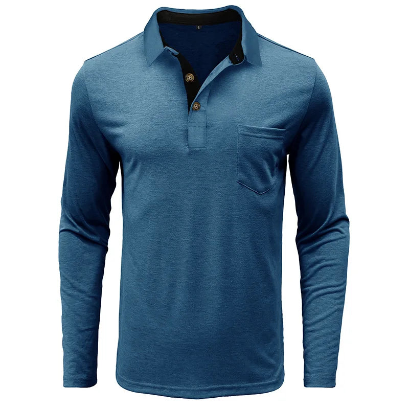 Spring Trend Men's Long Sleeve Casual Tshirt Solid Lapel Button Up Pullover Tops Autumn Turn Down Collar Bottoming Polo Shirt