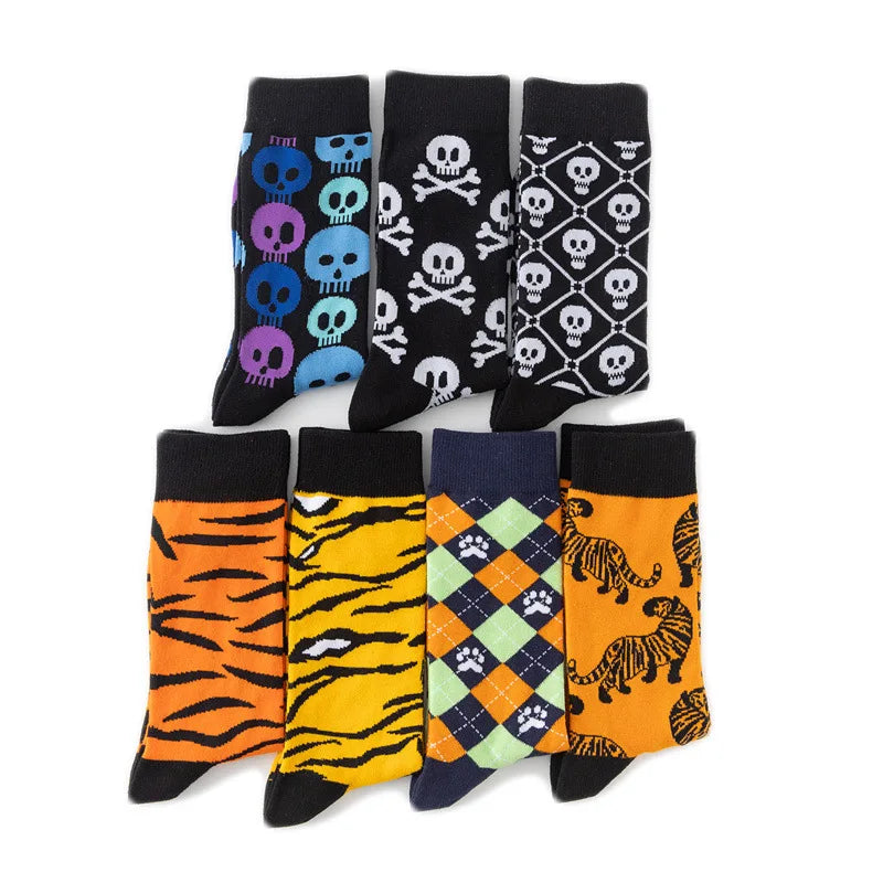 1 Pairs New Funky Skull Socks Men Tiger Cartoon Alien Novelty Hip Hop Orange Crazy Trend Socks Gift