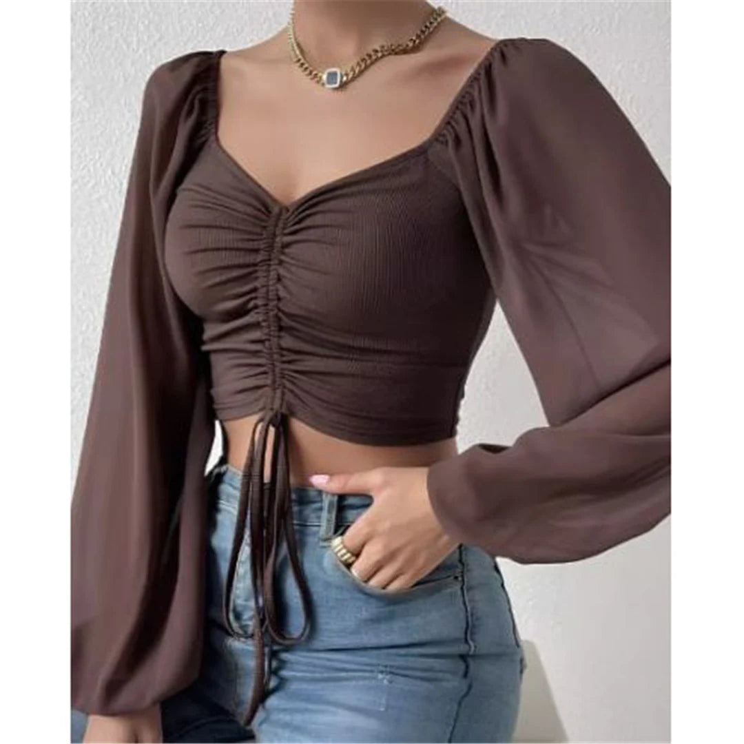 S-3XL Mesh Lantern Sleeves Drawstring Wrap Chest Bare Midriff T-Shirt Women Long Sleeve Ruched Blouse Sexy Crop Top Tee K5995