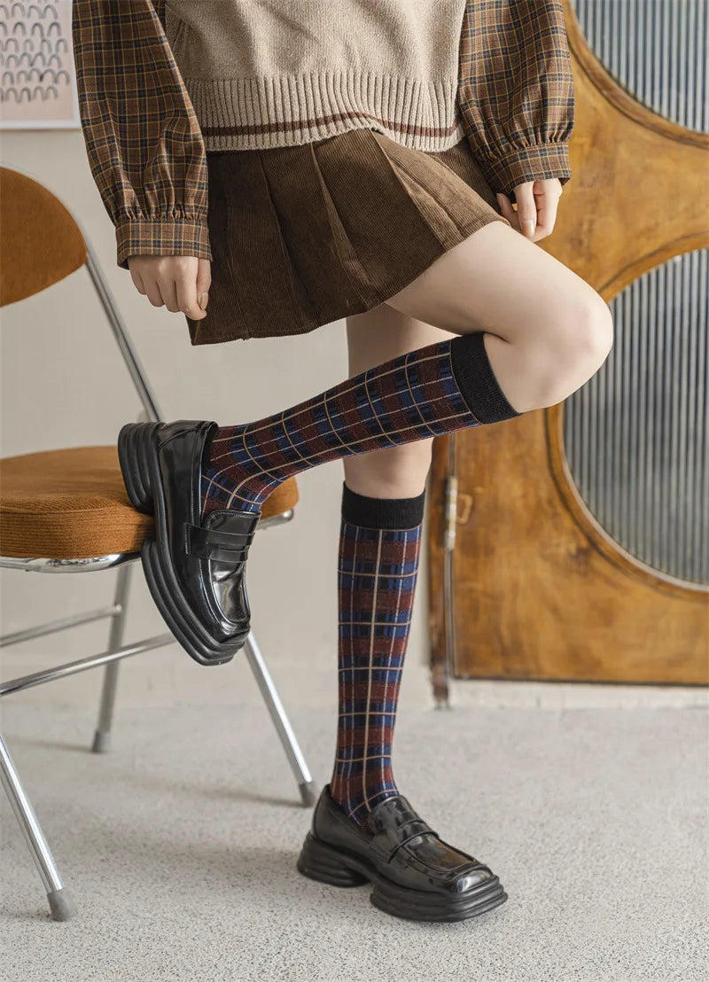 Stockings Women Harajuku Retro Vintage Plaid Long Socks Stocking JK College Style School Girls Cotton Knee Socks Women Stockings