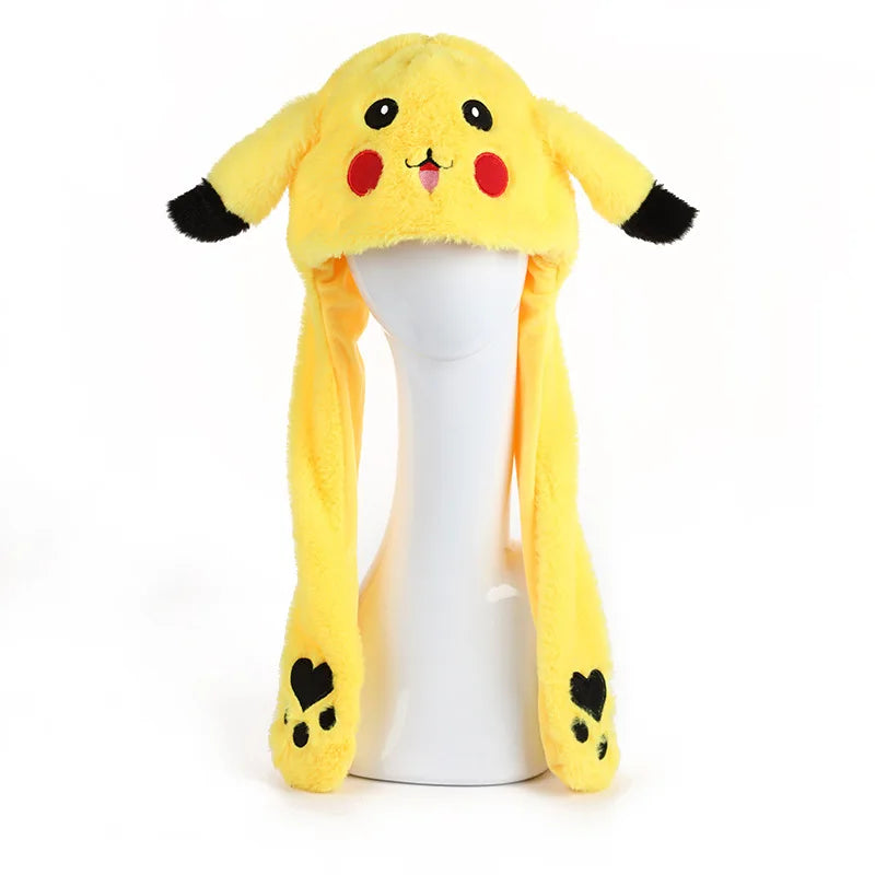 New Anime Pokemon Kawaii Pikachu Women Hat Beanie Can Moving Bunny Ears Hat with Shine Earflap Casual Animal Cap Birthday Gift