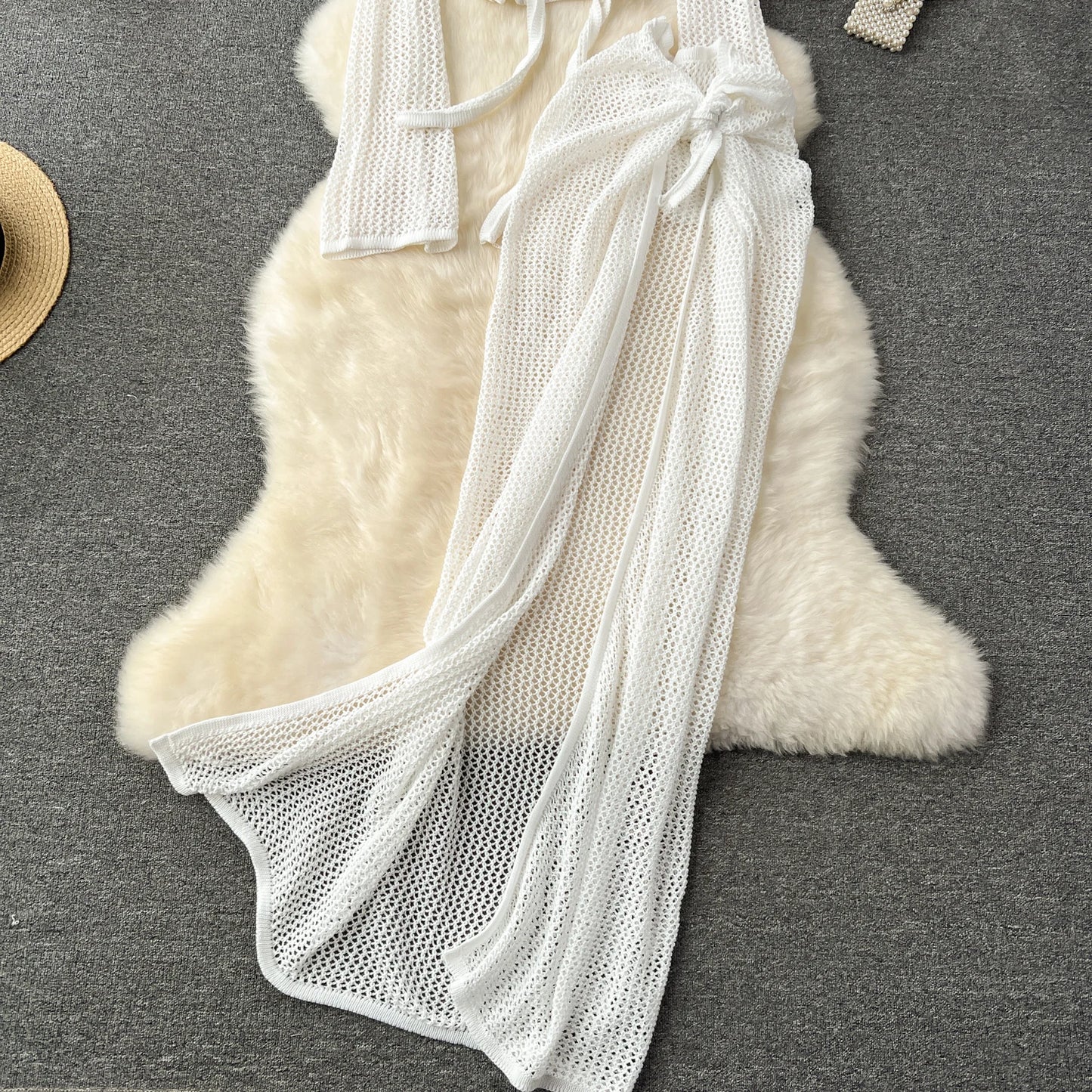 SINGREINY Vacation Two Piece Set Women Long Sleeve V Neck Short Top Adjustable Waist Split Long Skirt Knit Summer Beach Suit