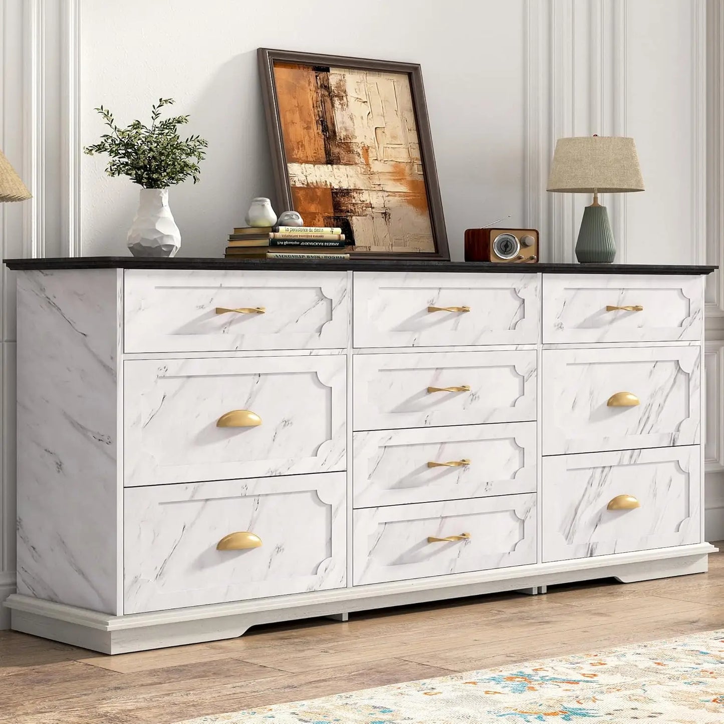 70inch Large Long Dresser w/Charging Station,10 Drawer Dresser w/Deep Big Drawers, Wooden Chest of Drawers w/Power Outlet
