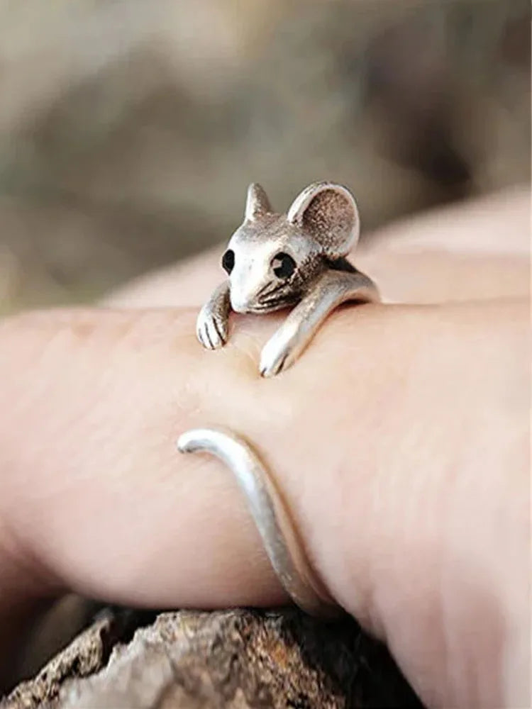 Huitan Cute Mouse Shape Open Ring for Women Antique Silver Color Modern Fashion Girls Finger Accessories Hip Hop Party Jewelry