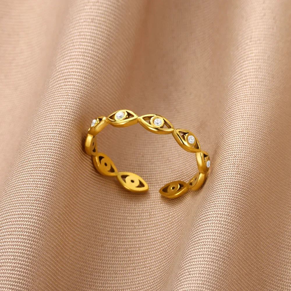 Dainty Zircon Shell Starfish Turtle Evil Eye Rings Stainless Steel Ring Women Anti Fading Golden Charm Jewelry Accessories Gifts
