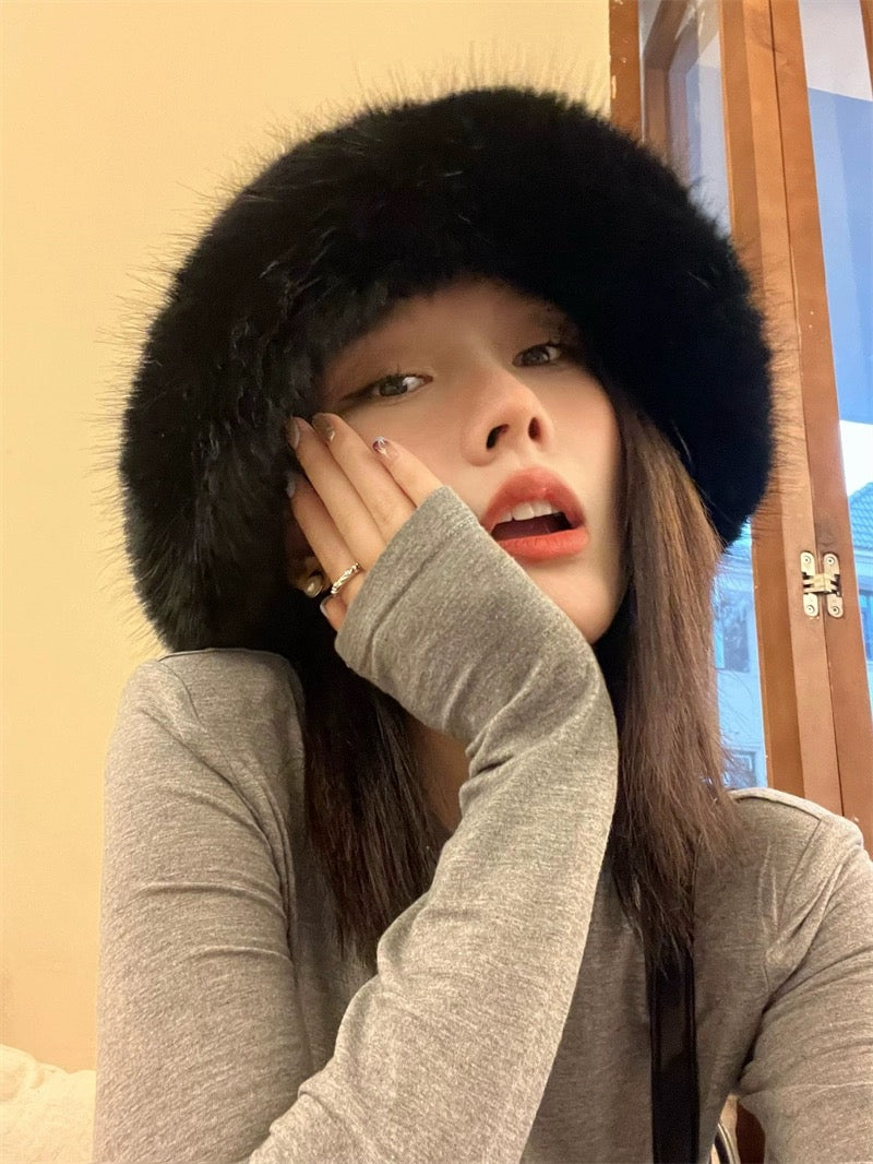 2024 Fluffy Faux Fur Bucket Hats Women Rabbit Fur Warm Thick Plush Winter Hat Lady Fashion Luxury Panama Furry Fisherman Cap Y2k