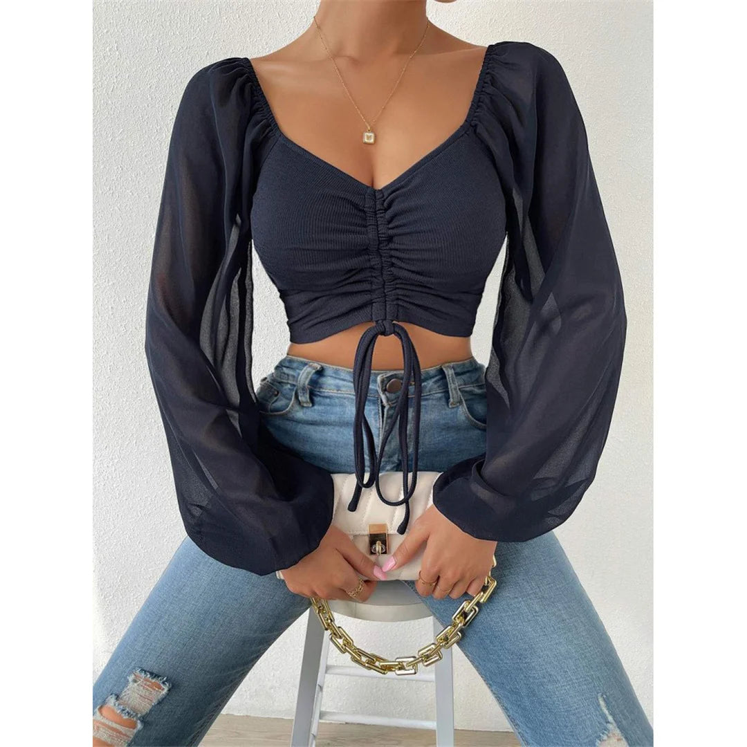 S-3XL Mesh Lantern Sleeves Drawstring Wrap Chest Bare Midriff T-Shirt Women Long Sleeve Ruched Blouse Sexy Crop Top Tee K5995