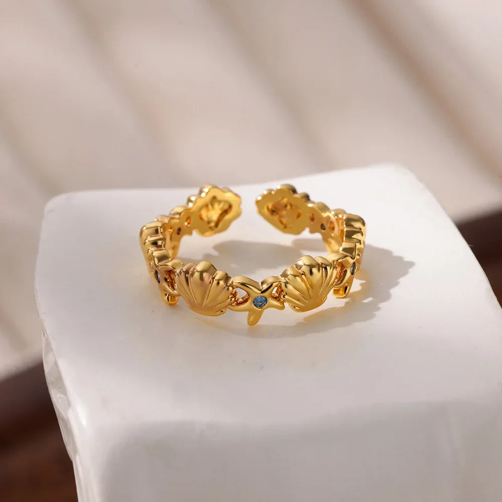 Dainty Zircon Shell Starfish Turtle Evil Eye Rings Stainless Steel Ring Women Anti Fading Golden Charm Jewelry Accessories Gifts
