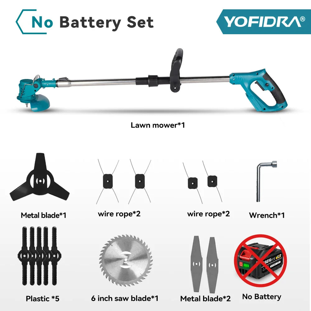 YOFIDRA 100-135cm Electric Lawn Mower Foldable Trimmer Pruning Cutting Garden Power Tool For 21V 18V Battery With 2 Battery