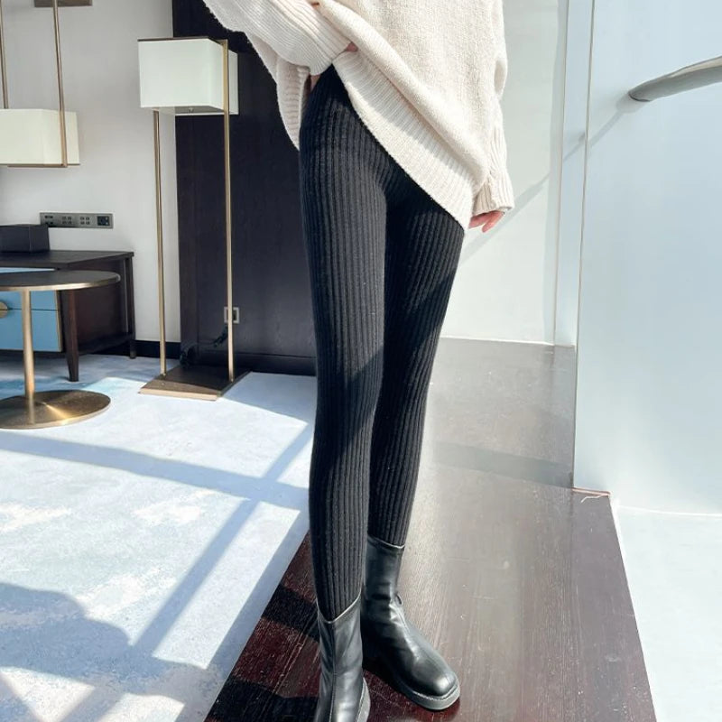 Slim Leggings Autumn Women High Waist Casual Trousers Knitted Ribbed Thicken Solid Elasticity Thermal Ankle-Length Leggins