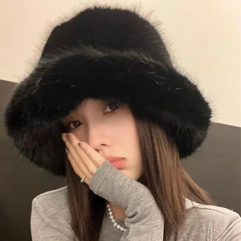 2024 Fluffy Faux Fur Bucket Hats Women Rabbit Fur Warm Thick Plush Winter Hat Lady Fashion Luxury Panama Furry Fisherman Cap Y2k