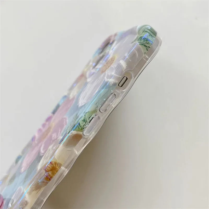 1 PC Luxury Laser Oil Painting Flowers Phone Cases For iPhone 16 15 14 13 12 11 Pro Max Plus