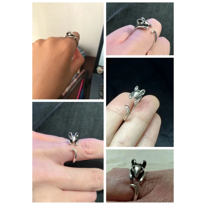 Huitan Cute Mouse Shape Open Ring for Women Antique Silver Color Modern Fashion Girls Finger Accessories Hip Hop Party Jewelry