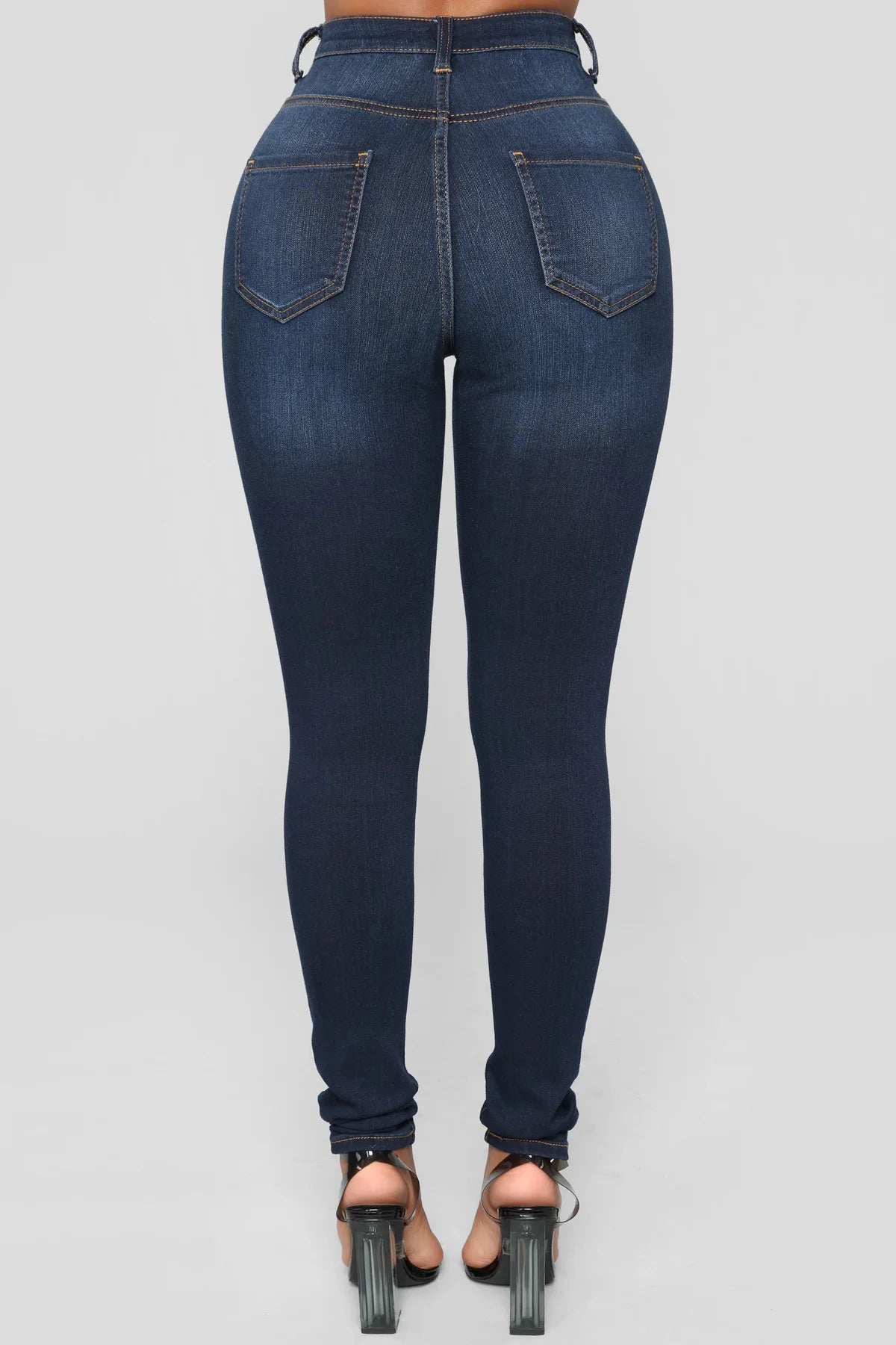Women High Waist Stretch Hip Lift Denim Skinny Pants Jeans Full Length Sexy Slim Bleachded Solid Color Pants