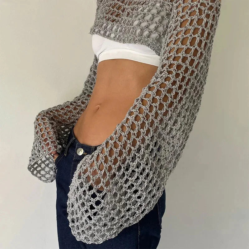 Summer Green Long Sleeve Smock Knitted Crop Top Women Y2k Beach Sexy Backless Hollow Out Party Blouse Shirts