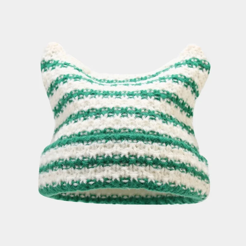 New Japanese Streetwear Harajuku Beanie Little Devil Striped Knitted Hat Women Girls Autumn Winter Cute Cat Ears Cap