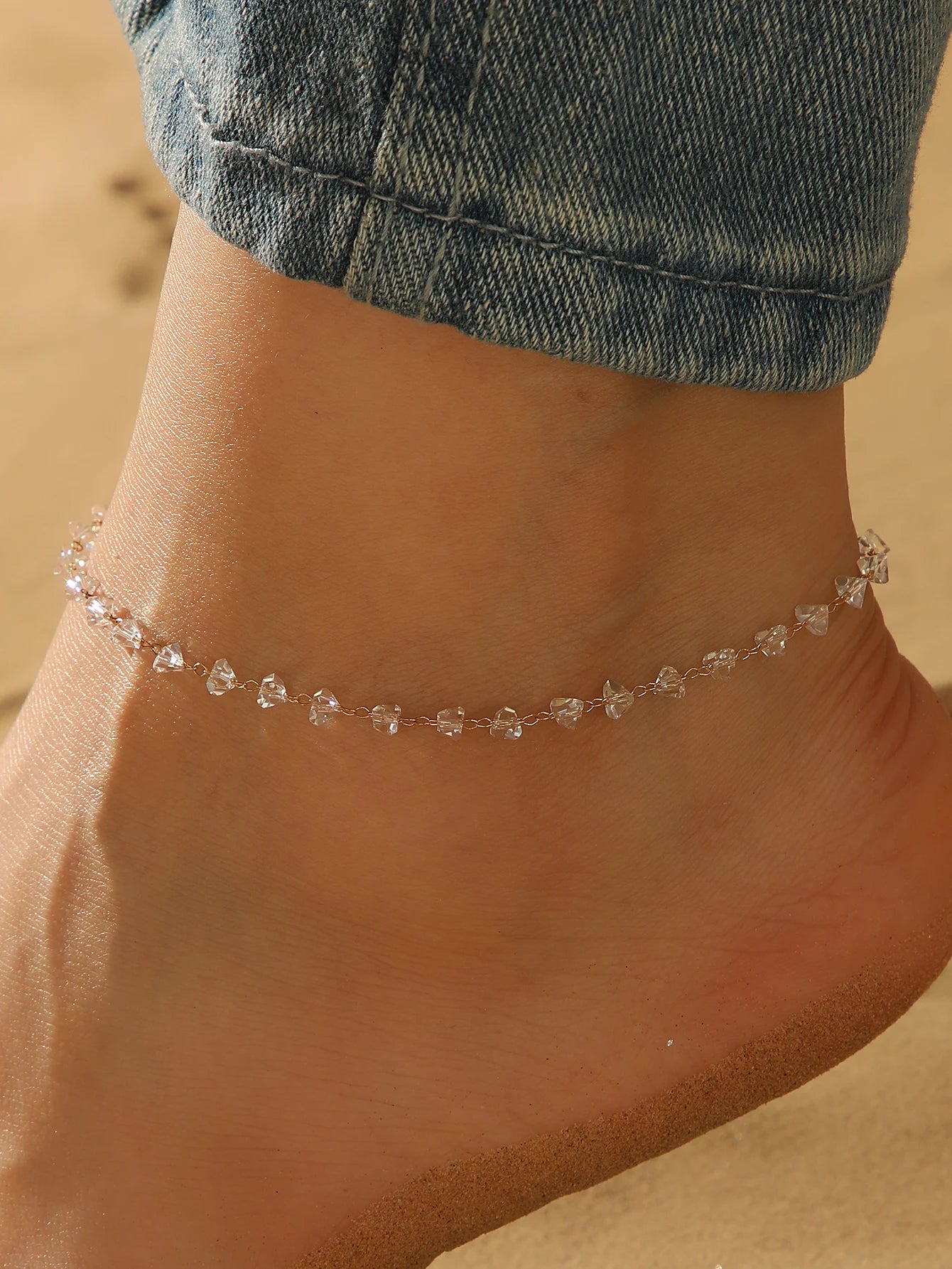 QIAMNI Summer Bohemia Crystal Cubic Zirconia Anklet For Women Girls Ankle Bracelet Leg Chain Beach Party Travel Foot Jewelry
