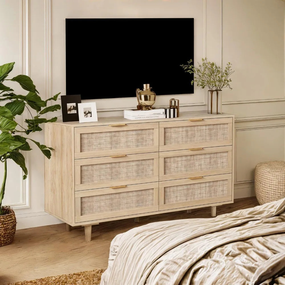 Rattan Dresser for Bedroom, 6 Drawer Wide Dresser, Boho&Farmhouse Chest of Drawers, 43" Clothes Storage Cabinet, Metal Handle