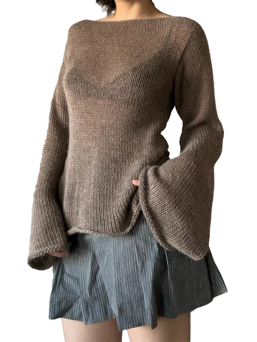 Fashion Women's T-shirt Tie Back Sweaters Long Sleeve Boat Neck Solid Color Knit Pullover Casual Tops Streetwear Y2k Summer Cami