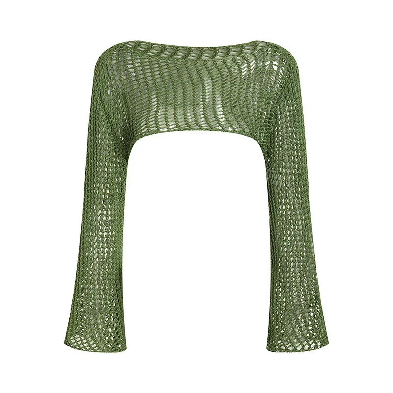 Summer Green Long Sleeve Smock Knitted Crop Top Women Y2k Beach Sexy Backless Hollow Out Party Blouse Shirts