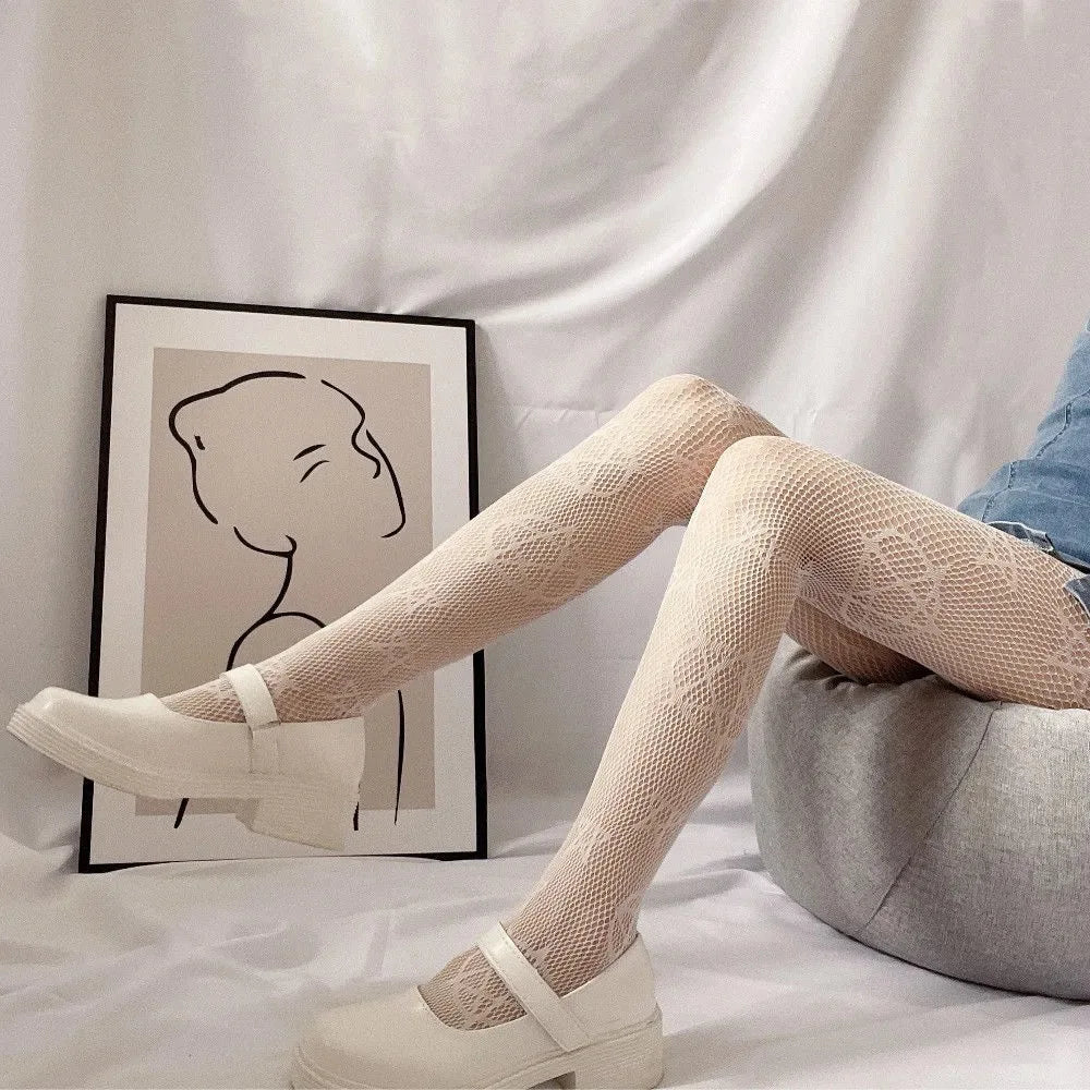 Kawaii Gothic Hollow Out Pantyhose Lolita Bow Knot Fishnet Stockings Women Spicy Girl Black White Sexy Thin Ins Tide Lace Tights