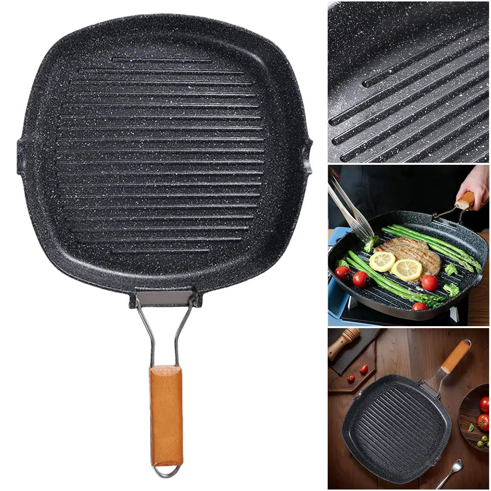 Foldable Portable Frying Pan Picnic Grill Pan Anti-scald Wooden Handle Outdoor Grill Pan Double Mouth Steak Pan(No Lid)