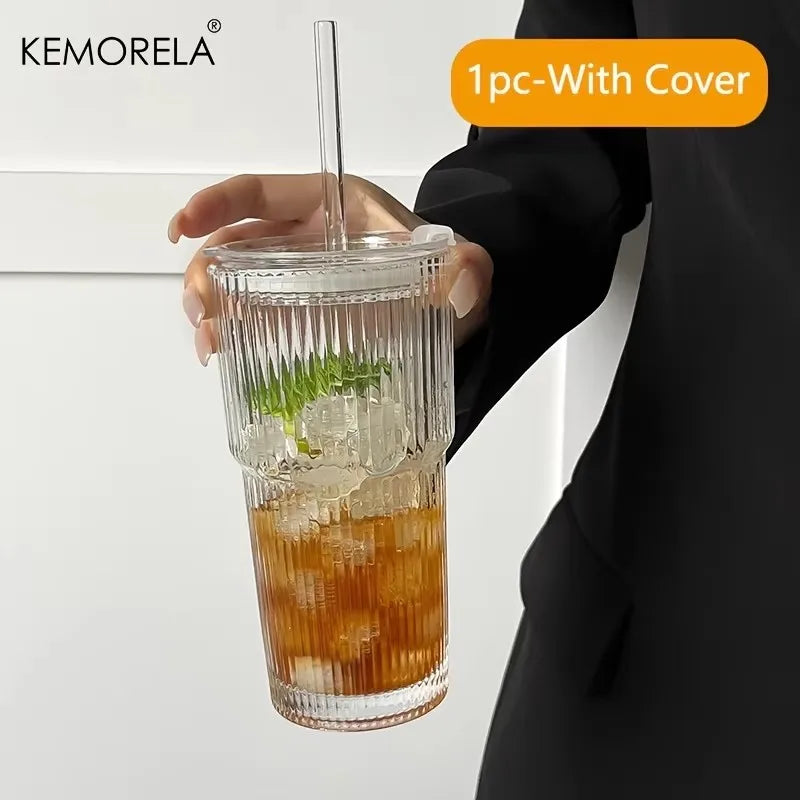 1/2PCS 450ml Stripe Glass Cup Transparent Glasses With Lid and Straw Ice Coffee Mug Tea Cup Juice Glass Milk Water Cup Drinkware