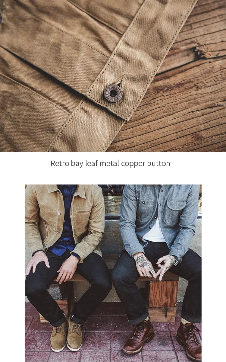 Maden Vintage Men's Canvas Oil Wax Jackets Khaki Multi-pocket Lapel Collar Single-breasted Jacket Windbreaker for Male Outwear