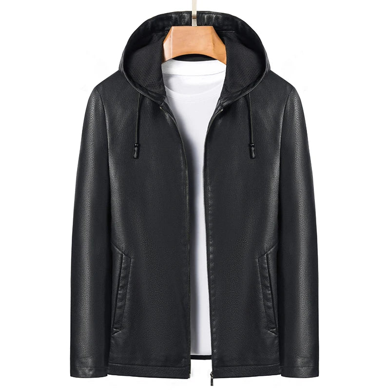 2024 High Quality Hooded Leather Fashion Handsome Trend Solid Color Casual Dad Dad Motorcycle Leather Jacket Upscale M-4XL