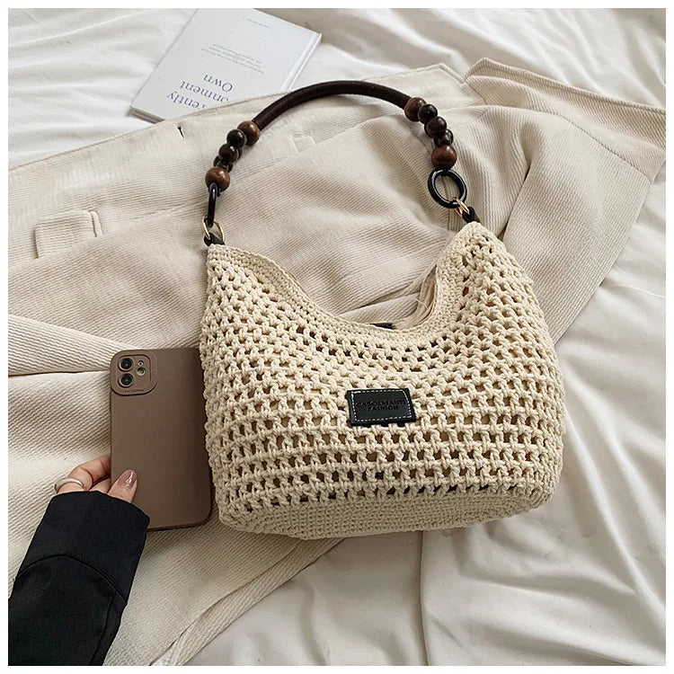 Beach Summer Bag for Women Mesh Woven Shoulder Bag Adjustable Strap Handbag Large Capacity Hobo Bag for Travel Vacation