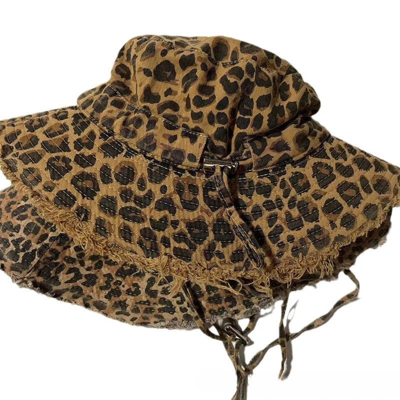Retro Leopard Print Washed Fringed Fisherman Hat for Men and Women Seasonal Hanging Rope Outdoor Travel Basin Hat Sun Hat