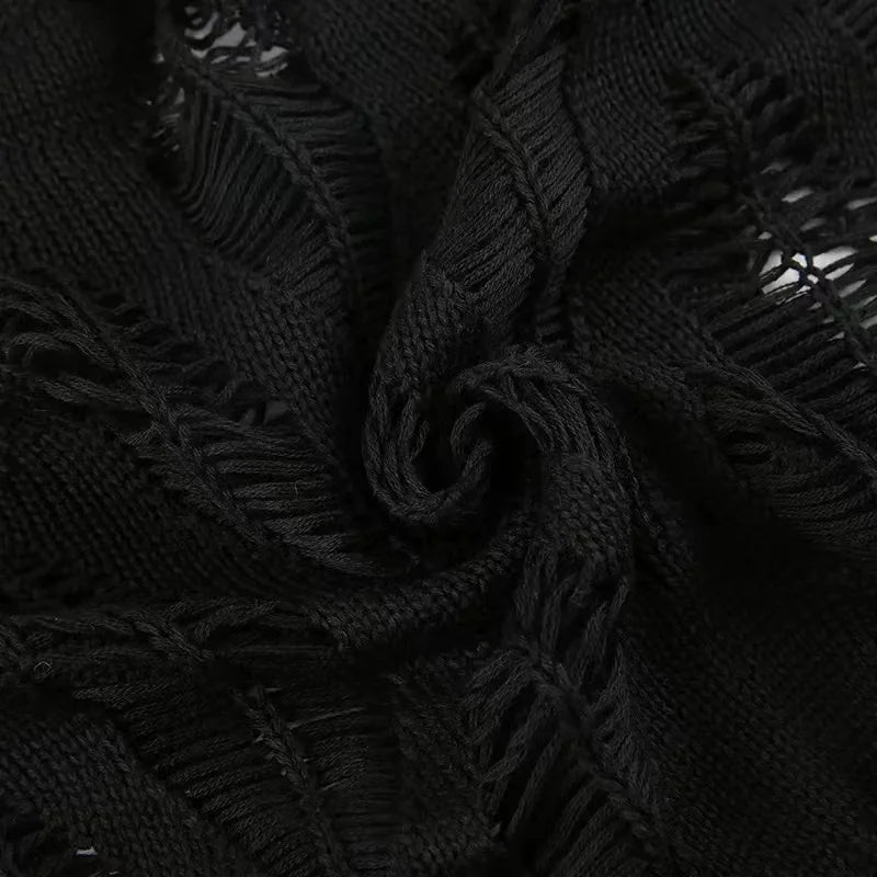 Perforated Hollow Out Knitted Blouse Sunscreen Long Sleeve Top Gothic Dark Black Sexy Thin Sweater Women's Summer Chic Crop Tops