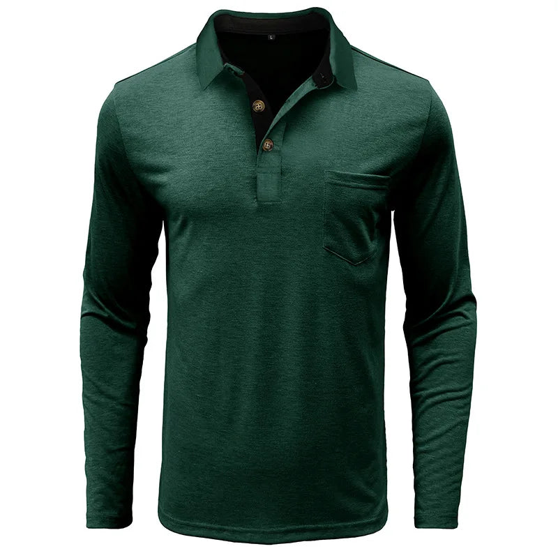 Spring Trend Men's Long Sleeve Casual Tshirt Solid Lapel Button Up Pullover Tops Autumn Turn Down Collar Bottoming Polo Shirt