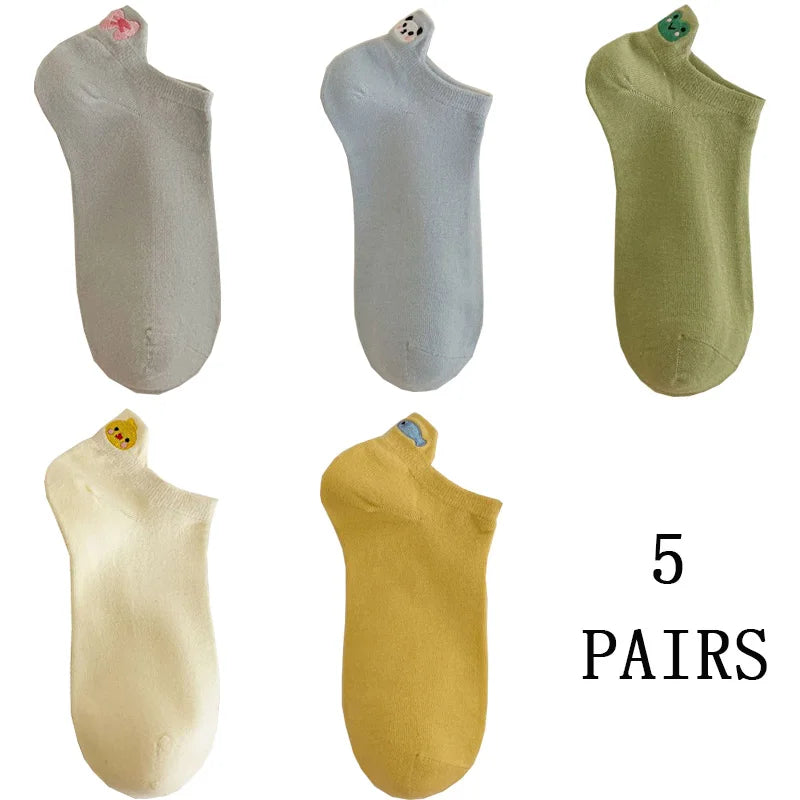 5 Pair Cute Embroidery Animal Women Socks Spring Summer Short Shallow Mouth Fashion Rainbow Female Low Cube Socks Set