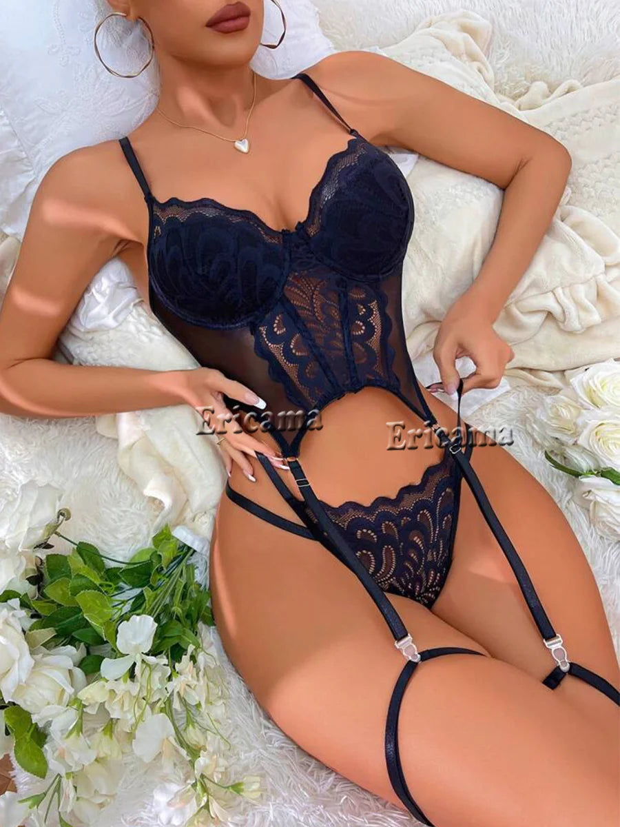 Lace Erotic Lingerie Set Bow Decor Strappy Hollow Out Intimates Bra & Thong & Garter Belt, Women's Sexy Lingerie & Underwear