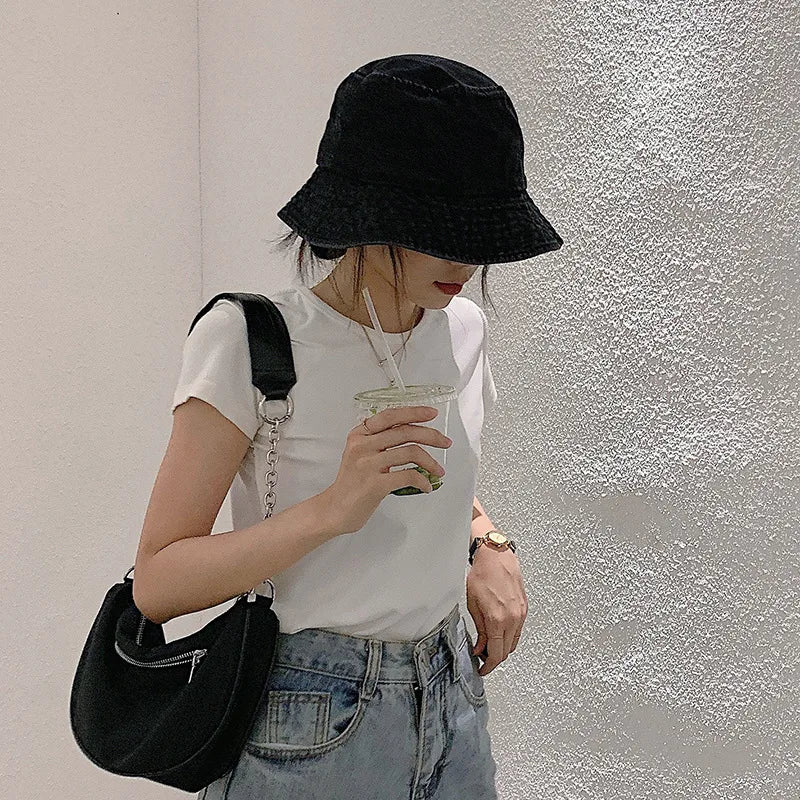 Retro Washed Cowboy Bucket Hat Women Men Wide Brim Sunhat Spring Summer Solid Color Denim Panama Fisherman Cap