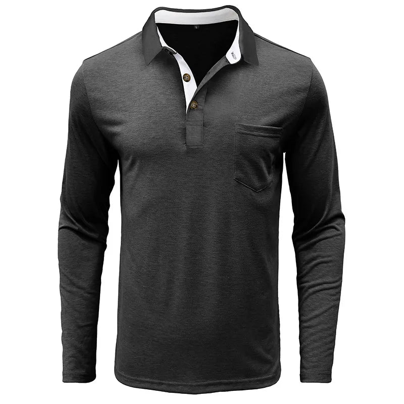 Spring Trend Men's Long Sleeve Casual Tshirt Solid Lapel Button Up Pullover Tops Autumn Turn Down Collar Bottoming Polo Shirt