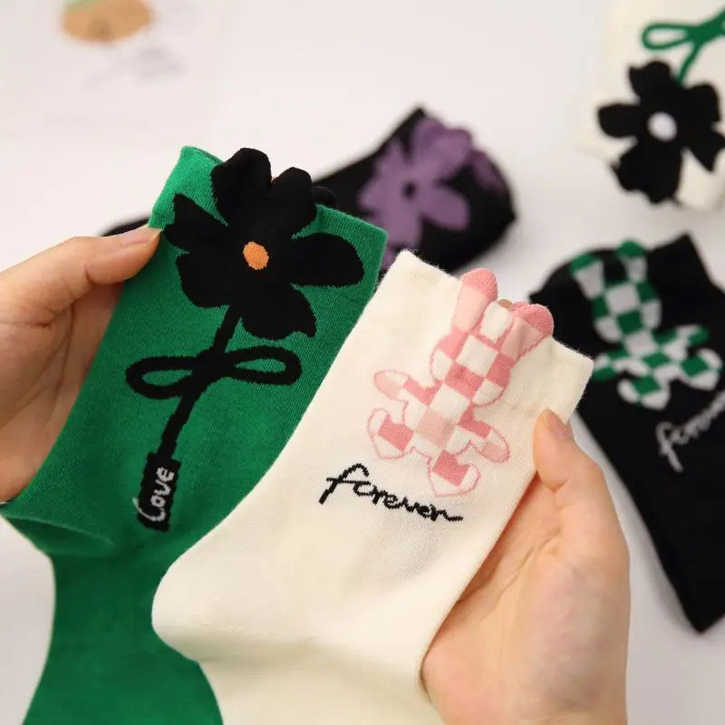 Women Socks Flower Rabbit Pattern Cute Kawaii Japanese Korean Style Cotton Harajuku Funny Breathable Casual Spring Floral Socks