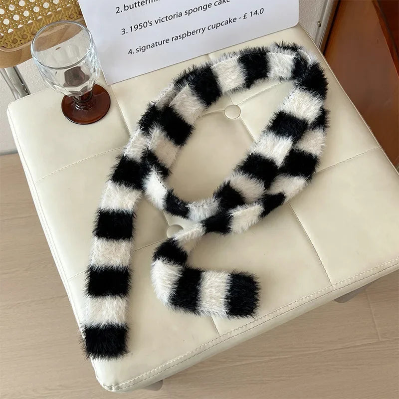 Striped Plush Scarf Women's Niche Design Sense Spice Girl Versatile Decoration Korean Version Thin and Narrow Long Scarf