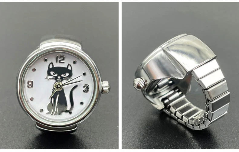 WLP Punk Fashion Cat Dial Clock Quartz Watch Finger Rings Women Men Couple Vintage Simple Elastic Strap Alloy Watch Ring Jewelry