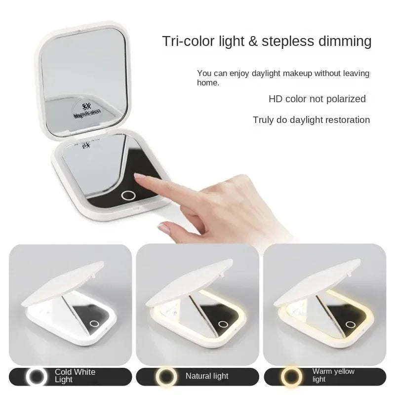 Compact Small Mini Gift Vanity Table Folding Led Lights Portable Hand Held Pocket Makeup Mirror 2X magnifying