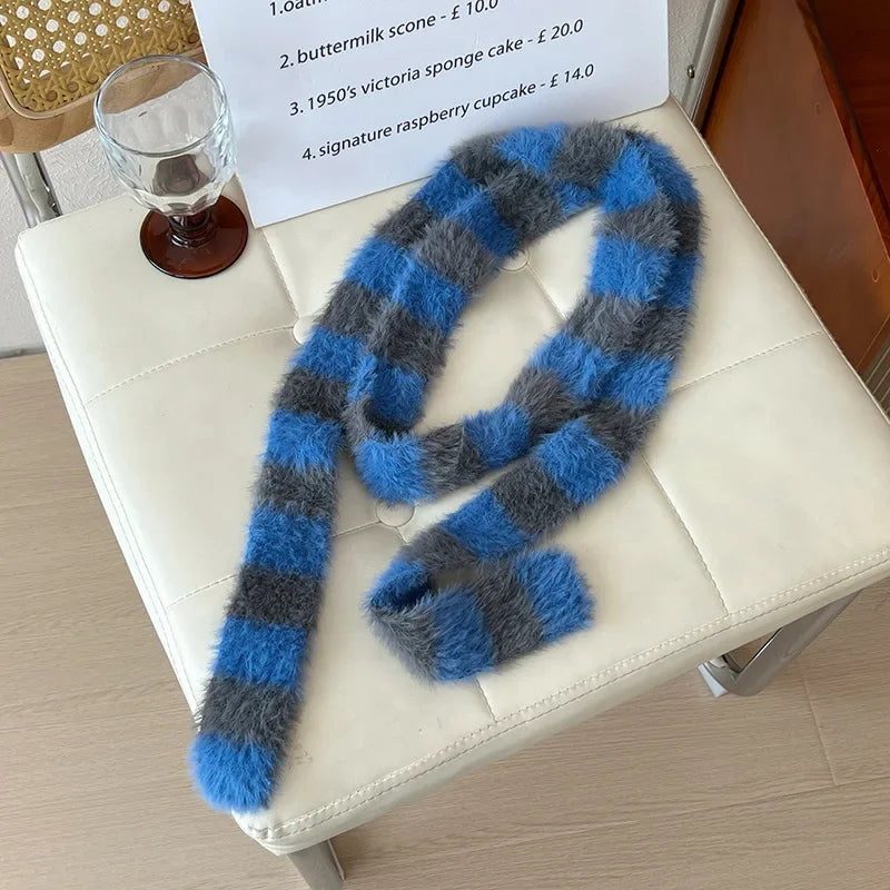 Striped Plush Scarf Women's Niche Design Sense Spice Girl Versatile Decoration Korean Version Thin and Narrow Long Scarf