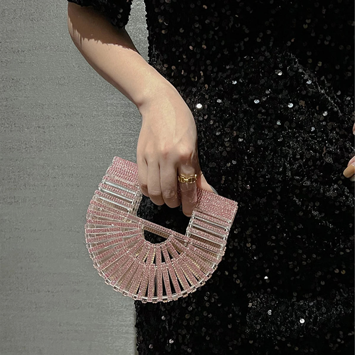 JIOMAY Half Moon Bag Rhinestone Purse Luxury Designer Handbags Clutch Evening Mini Basket Bling Tote Bag Crystal Wedding Bags