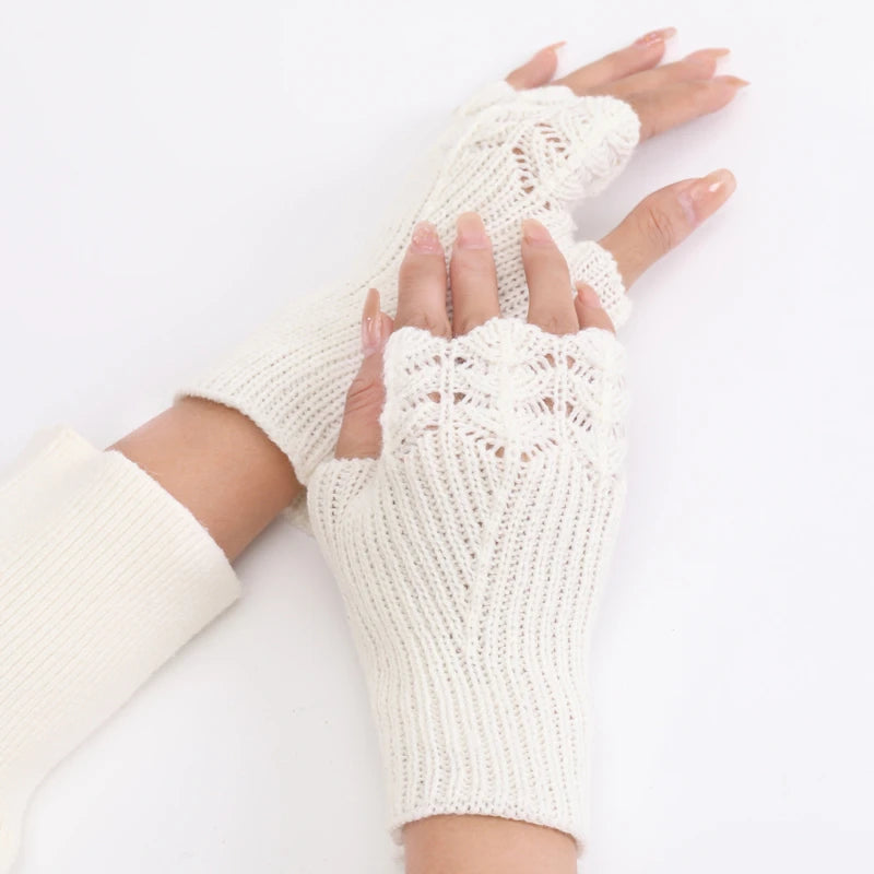 Women Winter Fingerless Gloves Warm Soft Wool Knitted Mittens Elegant Wrist Arm Hand Half Finger Elastic Short Gloves Guantes