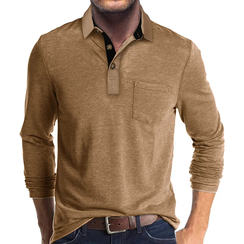Spring Trend Men's Long Sleeve Casual Tshirt Solid Lapel Button Up Pullover Tops Autumn Turn Down Collar Bottoming Polo Shirt